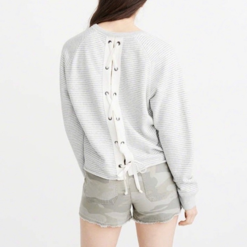 ABERCROMBIE & FITCH Gray Striped Lace-Up Back Sweatshirt Sweater Top Med